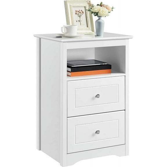 QRKD Nightstand with 2 Drawer and 1 Open Shelf, 29" Tall Bedside Table Wooden Flie Cabinet Telephone Table Bed Side Table with Storage for Bedroom White