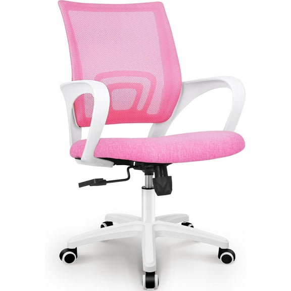 QRKD Office Desk Computer Chair Ergonomic Mesh Gaming Mid Back Seat with Comfy Lumbar Support Adjustable Height Swivel for Home Task (Pink)