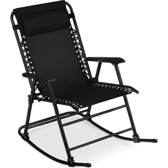 QRKD Outdoor Folding Rocking Chair, Zero Gravity Lounge Chair, Patio Rocker w/Headrest Pillow - Black