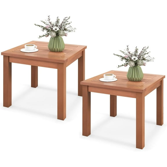 QRKD Outdoor Side Table Set, Eucalyptus Wood Square End Table, Wood Patio Table with Slatted Tabletop for Backyard Poolside Porch (2 piece)