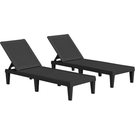QRKD Patio Chaise Lounge Chair Set of 2 Outdoor PE Waterproof Adjustable Easy Assembly Lounge Chairs for Outside Pool Garden Deck Beach (Black, Set of 2)