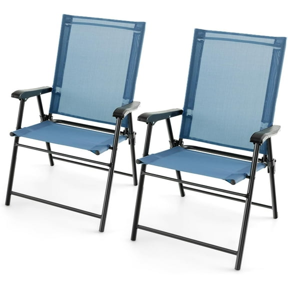 QRKD Patio Folding Chairs Set of 2, Outdoor Sling Chairs with Breathable Fabric Back & Seat, Portable Dining Camping Chairs for Poolside, Yard, Garden, Deck, Lawn, Beach (Blue)