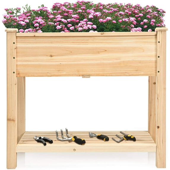 QRKD Raised Garden Bed with Storage Shelf, Elevated Cedar Wood Planter Box with Legs, Outdoor Gardening Planting Bed for Vegetables Flower Herb Grow, Great for Backyard Patio Lawn