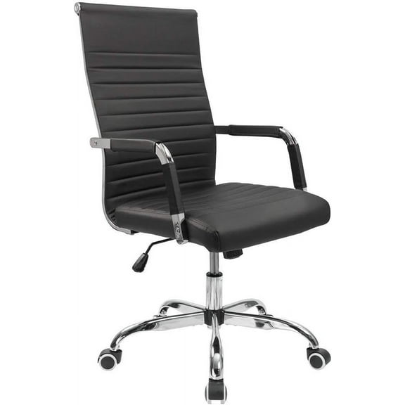 QRKD Ribbed Office Desk Chair Mid-Back PU Leather Executive Conference Task Chair Adjustable Swivel Chair with Arms (Black)