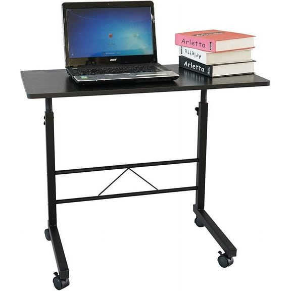 QRKD Rolling Sofa Side Table Mobile Snack Table, Height Adjustable Portable Laptop Computer Stand Desks Breakfast Tray Table with Wheels for Living Room Bedroom, Wood Desktop with Metal Frame (Black2)