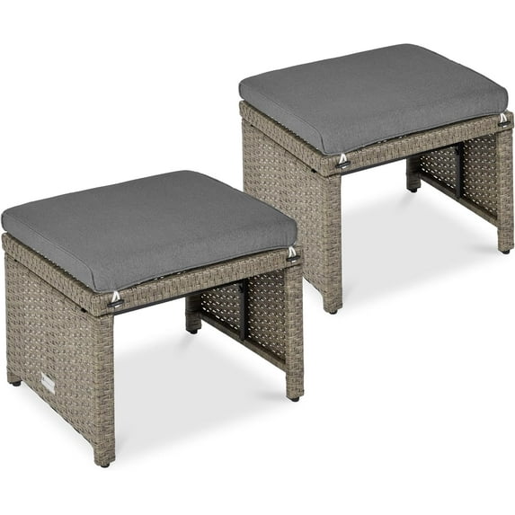 QRKD Set of 2 Wicker Ottomans, Multipurpose Outdoor Furniture for Patio, Backyard, Additional Seating, Footrest, Side Table w/Removable Cushions, Steel Frame - Cement Gray/Taupe