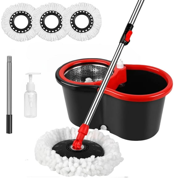 QRKD Spin Mop and Bucket with Wringer Set, 360 Spinning Mop Bucket System with 3 Microfiber Mop Replacement Heads, 61" Stainless Steel Extended Handle for Floor Cleaning Home Office