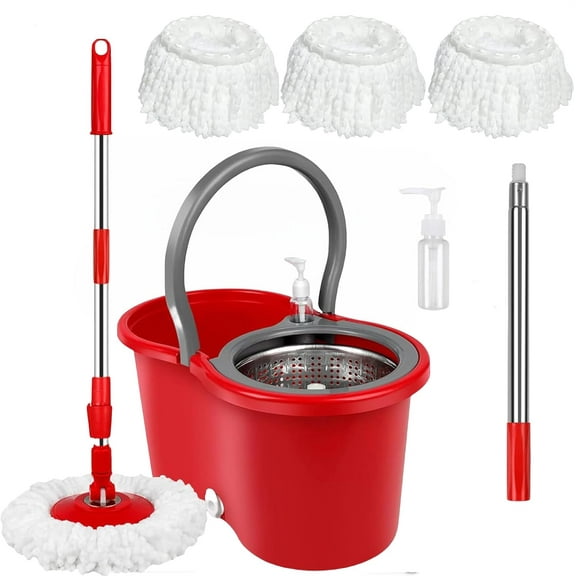 QRKD Spin Mop and Bucket with Wringer Set, Mop and Bucket Set for Floor Cleaning with 3 Microfiber Mop Replacement Heads, 61 inches Telescoping Mop for Office and Home use (Red)