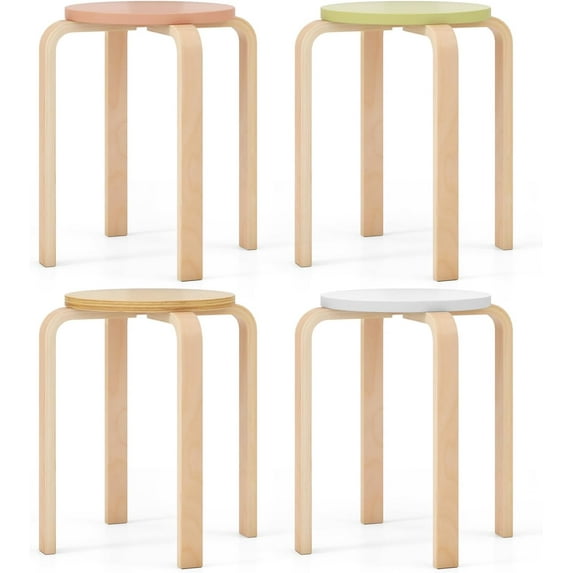 QRKD Stackable Stools Set of 4, Bentwood Stacking Backless Dining Stool, 18" Nesting Flexible Seating with Round Top, Anti Slip Felt Pad, for Classroom Elementary Kitchen Dining Room Multi Color