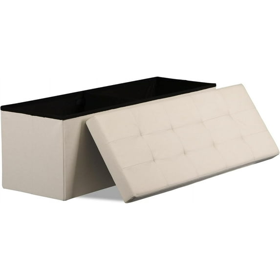 QRKD Storage Ottoman Bench, 43 Inches Folding Ottoman Foot Rest, Storage Chest with Padded Seat, End of Bed Bench for Living Room Bedroom Entryway, Load 660 lbs, 15" x 43" x 15" Beige