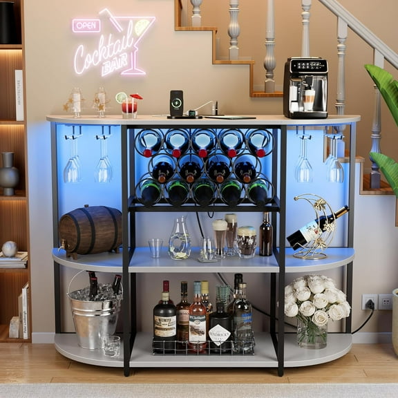 QRKD Wine Bar Cabinet with LED Lights and Power Outlets, Freestanding Coffee Liquor Bar Cabinet with Glass Holder, Wine Rack Table for Home Kitchen Dining Room (White)