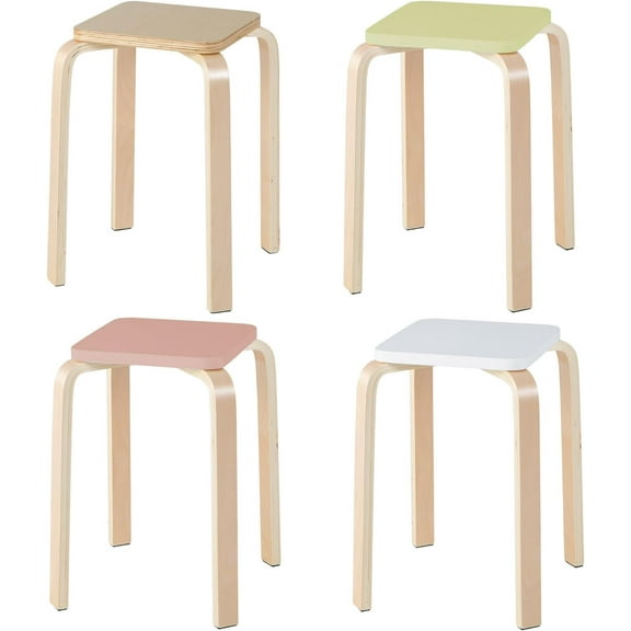 QRKD Wooden Stackable Stools Set of 4, 18" Square Backless Student Chairs w/Non-Slip Pads, Lightweight Stacking Stools for Kitchen, Classroom, Dining Room 330lb Capacity