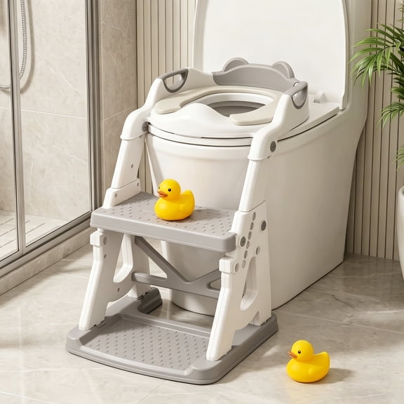 QRNYYOE Adjustable Potty Training Seat with Step Stool, Toddler Toilet Seat with Anti-Slip Step Ladder, Splash Guard for Boys & Girls, Space-Saving Foldable Design, Gray