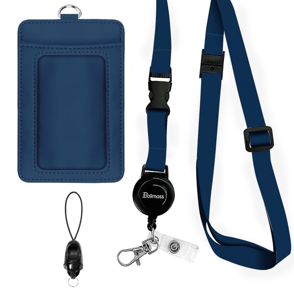 QRZ Badge Holder with Lanyard, Leather ID Name Badge Card Holder with Retractable Reels Safety Quick Release Buckles and Adjustable Lanyard Straps for Teacher Student Nurse Doctor Navy Blue