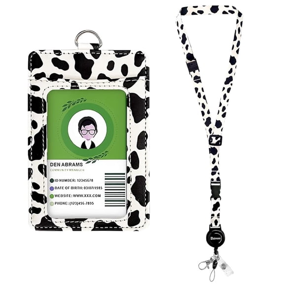 QRZ Cow Print Lanyards for ID Badges Holder, Leather ID Name Badge Card Holder with Adjustable Retractable Lanyard,Quick Release Buckle & Safety Breakaway Lanyards with Swivel Metal Clasp