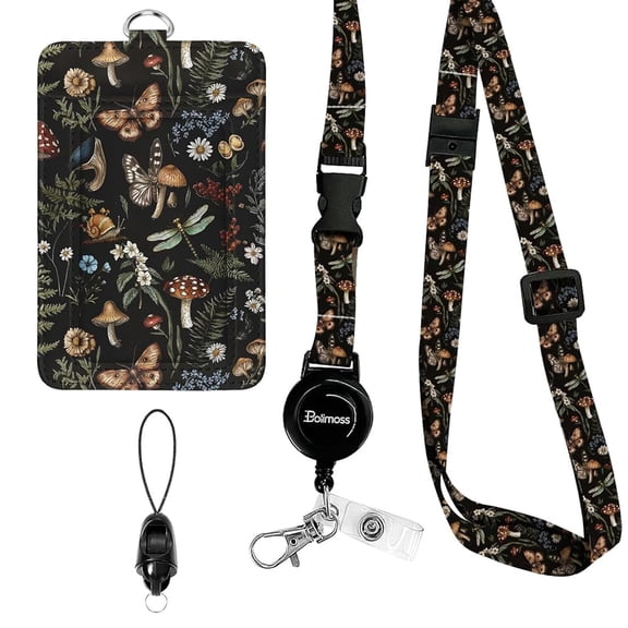 QRZ Mushroom Lanyards for Id Badges, Cute Badge Holder with Retractable Reel Clip, Leather Work Name Tag Breakaway Lanyard Vertical ID Card Protector Case for Women Nurse Doctor Teacher Student