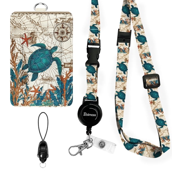 QRZ Sea Turtle Lanyards for ID Badges, Cute Leather ID Badge Card Holder with Detachable Adjustable Neck Lanyard Strap,Retractable Badge Holders with Quick Release Buckles for Teacher Student