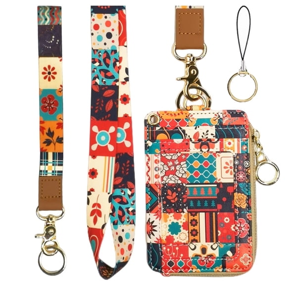 QRZIQRZ 2in1 ID Card Holder Wallet Badge Holder With Long Lanyard, Short Wristband, Key Ring, Cell Phone Lanyard, Colorful Plaid Leather Card Case With Zipper, Portable Keychain Coin Purse For Women