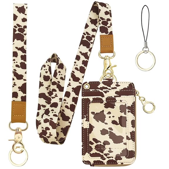 QRZIQRZ 2in1 ID Card Holder Wallet Badge Holder With Long Lanyard, Short Wristband, Key Ring, Cell Phone Lanyard, Cow Pattern PU Leather Card Case With Zipper, Portable Keychain Coin Purse For Women