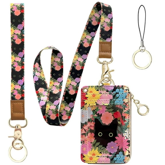 QRZIQRZ Black Cat 2in1 ID Card Holder Wallet Badge Holder With Long Lanyard, Short Wristband, Key Ring, Cell Phone Lanyard, Floral Leather Card Case With Zipper,Portable Keychain Coin Purse For Women
