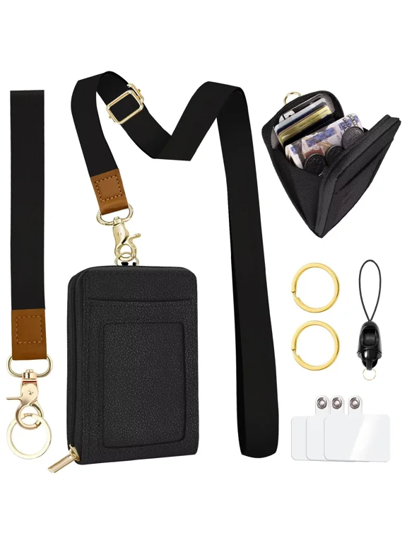 Black Lanyard Wallet with Id Badge Holder 2-in-1, RFID Keychain Wallet Wristlet, Zipper Credit Card Holder Adjustable Phone Wrist Neck Strap for Key Name Tag, Teacher Student Office