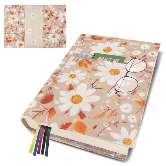 QRZIQRZ Daisy Adjustable Book Cover Protector for Hardcover,Reusable Soft Canvas Fabric Book Covers for Paperback Textbooks Book Lovers Gift,Double Side Print Book Cover Hardback Sleeve with Bookmark