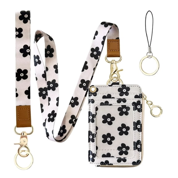 QRZIQRZ Floral 2in1 ID Card Holder Wallet With Long Lanyard, Short Wristband, Key Ring, Cell Phone Lanyard, PU Leather Card Case With Zipper, Portable Keychain Coin Purse For Women Badge Holder,Black