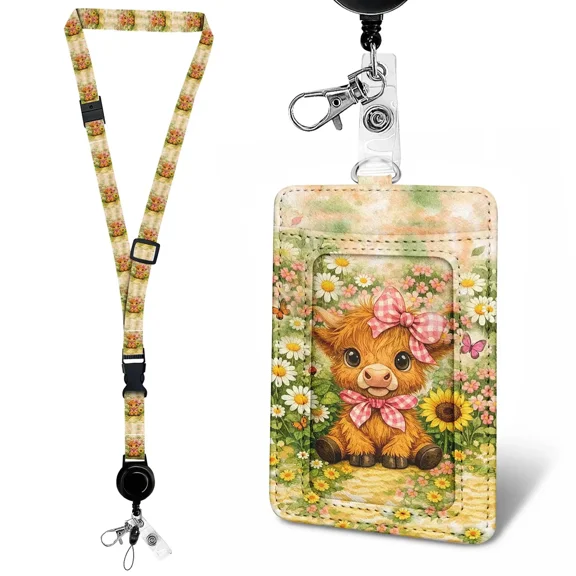 QRZIQRZ Leather Badge Holder with Adjustable Retractable Lanyards, RFID Blocking ID Badge Card Holder, Quick Release Buckles and Breakaway Lanyards for Office School Business-Highland Cow