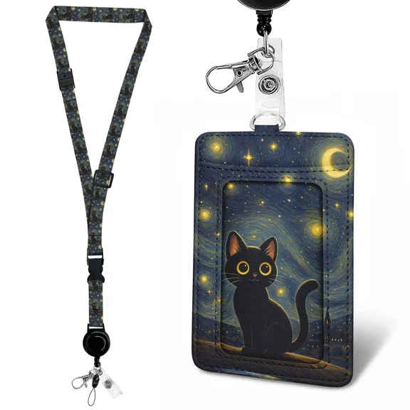 QRZIQRZ Leather Badge Holder, RFID Blocking ID Badge Card Holder with Adjustable Retractable Lanyards, Safety Breakaway Lanyards with Swivel Metal Clasp for Women Offices Staff-Cute Black Cat