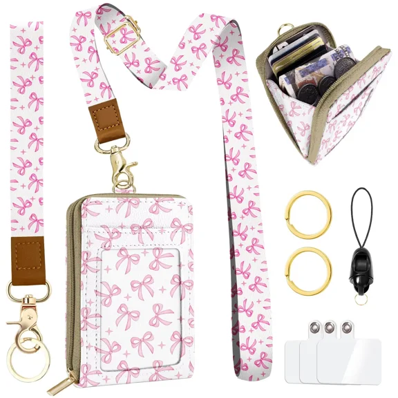 QRZIQRZ Pink Bow Lanyard Wallet, Cute RFID ID Badge Holder Wallets, Breakaway Neck & Wristlet Keychain Lanyards Zipper Pocket, Pu Leather Zip Id Case Wallet for Women Teacher Student Workers