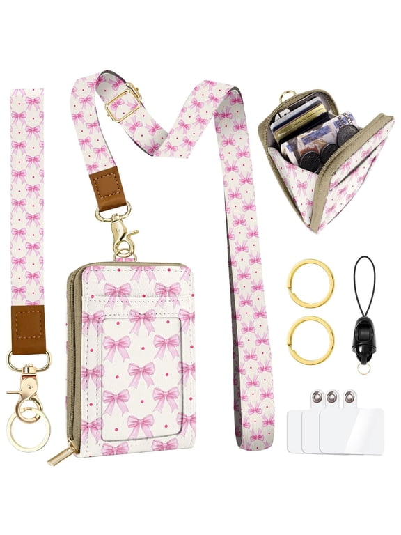 Pink Bow Wallet Lanyard, Cute RFID ID Badge Wallet Credit Card Holders with Zipper Pocket Phone Lanyard Wrist Strap PU Leather Wristlet Keychain Walletfor Teacher Nurse Women