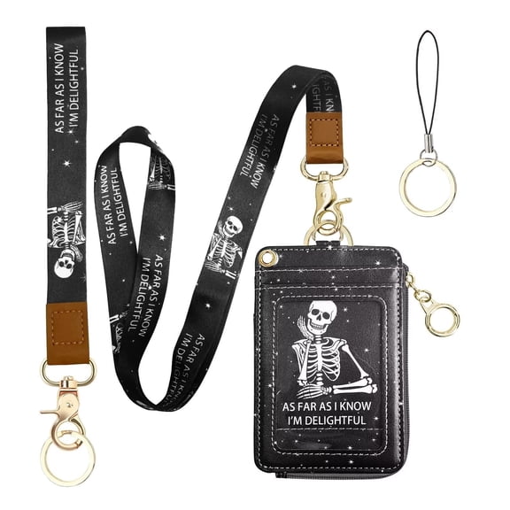 QRZIQRZ Skull 2in1 ID Card Holder Wallet Badge Holder With Long Lanyard, Short Wristband, Key Ring, Cell Phone Lanyard, Leather Card Case With Zipper,Portable Keychain Coin Purse For Women