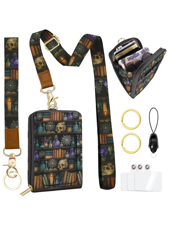 Skull Book Shelf Wallet Lanyard with ID Badge Holder, Goth Witchy RFID Large Capacity Wallet Women Keychain Wristlet, Credit Card Holder with Zipper Pocket Phone Lanyard Wrist Strap Name Tag