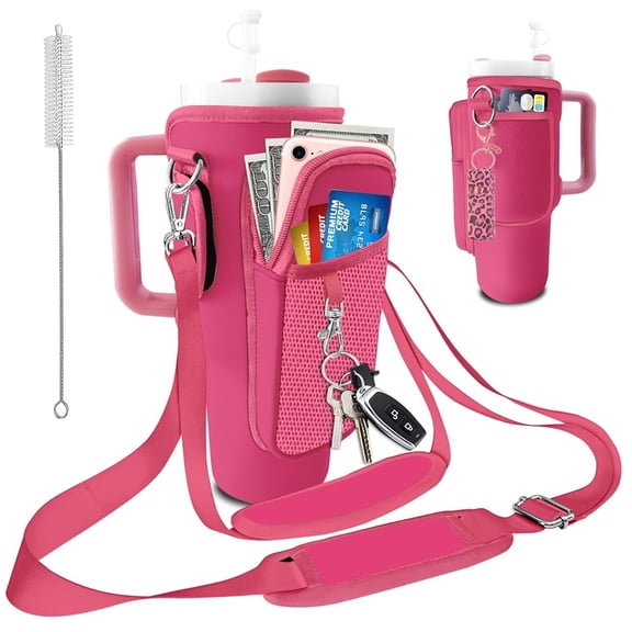 QRZIQRZ Stanley Cup Bag with Strap Water Bottle Holde 40oz Tumbler Carrier with Strap Pink Insulated Neoprene Cup Holder Pouch Stanley Cup Accessories for Hiking Travelling Camping 3 Pocket