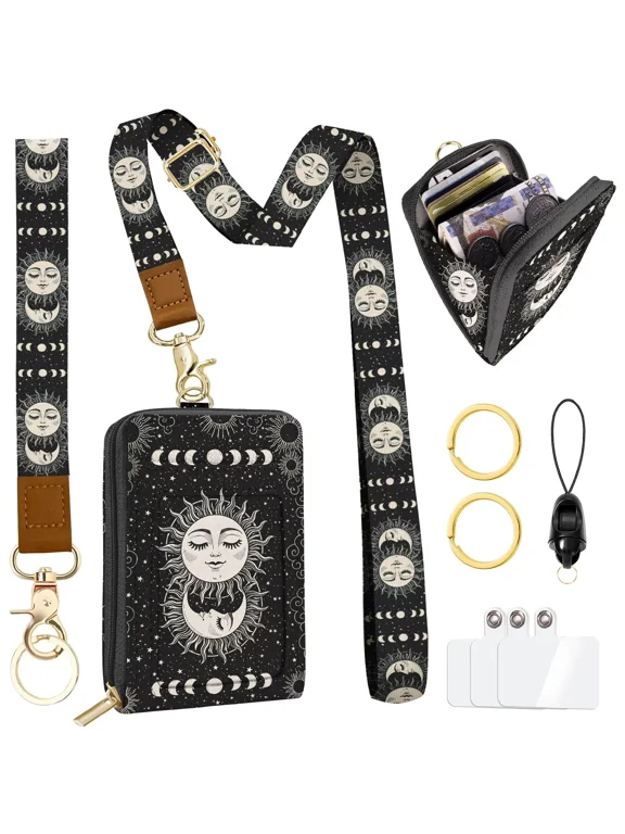 Sun and Moon Lanyard Wallet & Leather ID Badge Holder, Gothic RFID Wallet Keychain Wristlet for Women Credit Card Holders with Zipper Pocket Phone Lanyard Wrist Strap for Teacher