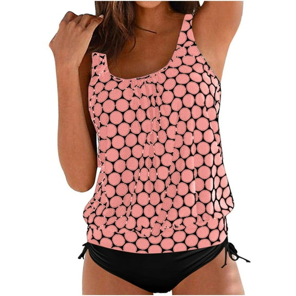 QSAWXQZ 2-Piece Women's Tanjini Set Print Sleeveless Crewneck Tank Swim Top Elastic High Waist Shorts Swimsuit Sets Pink L