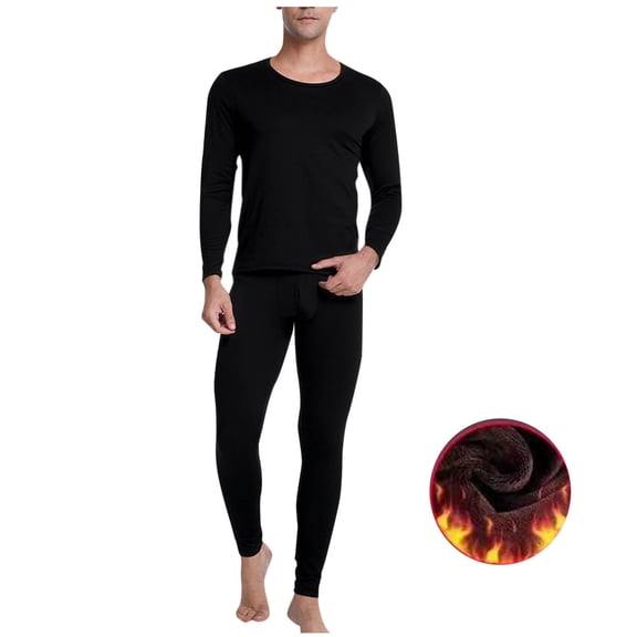QSAWXQZ 2PC Fleece Lined Thermal Base Layer Set for Men Long Sleeve Crewneck Pullover Shirt Elastic Waist Joggers Loungewear for Winter Black XL