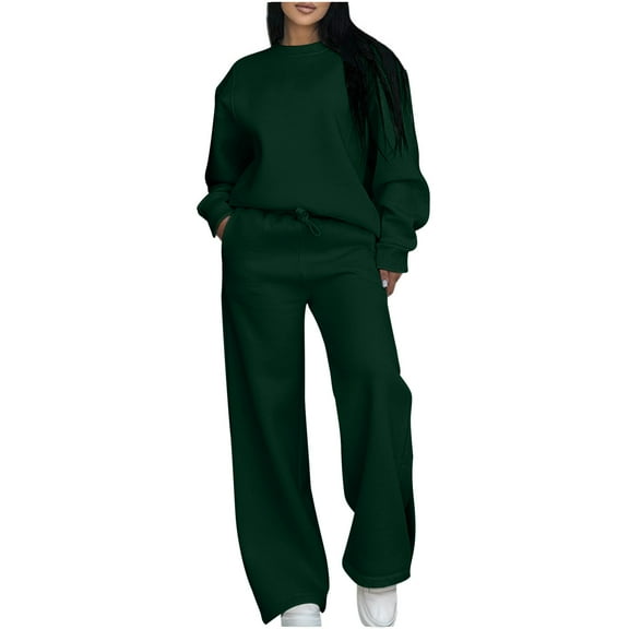 QSAWXQZ 2PC Sweatsuit for Women Solid Long Sleeve Loose Crew Neck Pullover Sweatshirt Elastic Waist Wide Leg Pants with Pockets Outfit Set Green XL