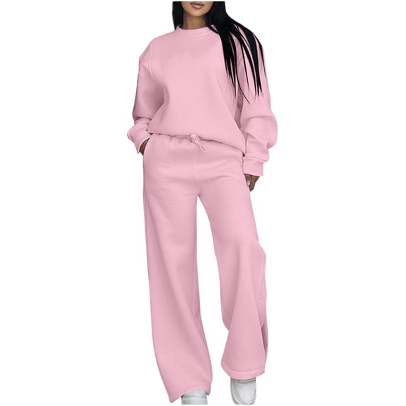 QSAWXQZ 2PC Sweatsuit for Women Solid Long Sleeve Loose Crew Neck Pullover Sweatshirt Elastic Waist Wide Leg Pants with Pockets Outfit Set Pink S