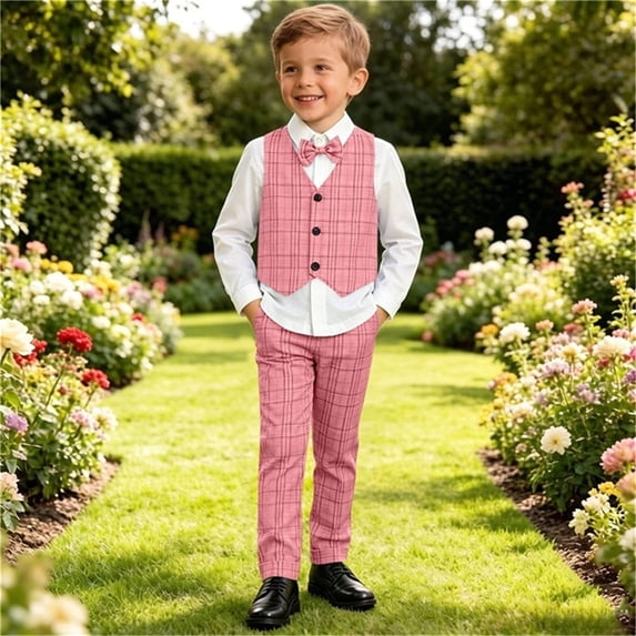 QSAWXQZ Boys' 4PC Vest Suit Plaid V Neck Sleeveless Button Down Vest Dress Shirt Elastic Waist Pants with Pockets and Bow Tie Outfits 7-8Years