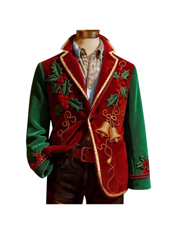 Christmas Corduroy Suit Jacket for Men Graphic Long Sleeve Lapel Button Cardigan Blazer Jacket with Pockets Red S