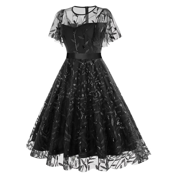 QSAWXQZ Cocktail Dress for Women Wedding Guest Formal Party Dress Sequin Embroidered Short Sleeve Tulle A Line Dress L