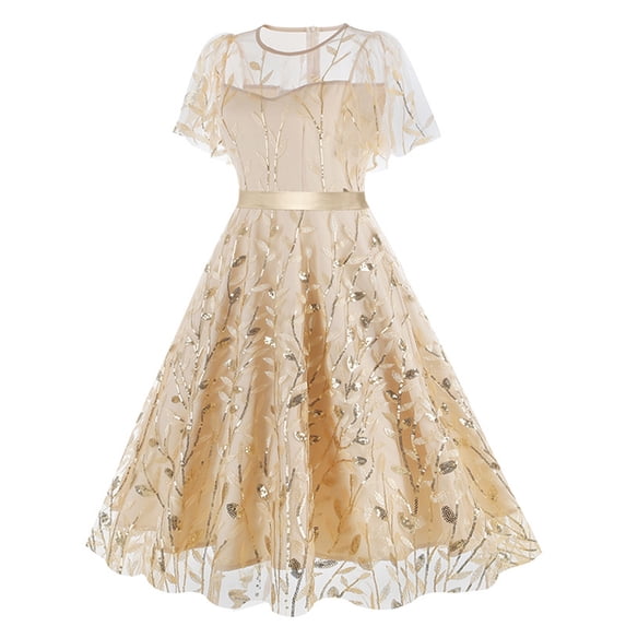 QSAWXQZ Cocktail Dress for Women Wedding Guest Formal Party Dress Sequin Embroidered Short Sleeve Tulle A Line Dress L