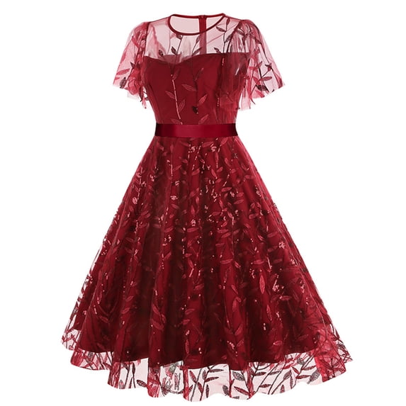 QSAWXQZ Cocktail Dress for Women Wedding Guest Formal Party Dress Sequin Embroidered Short Sleeve Tulle A Line Dress S
