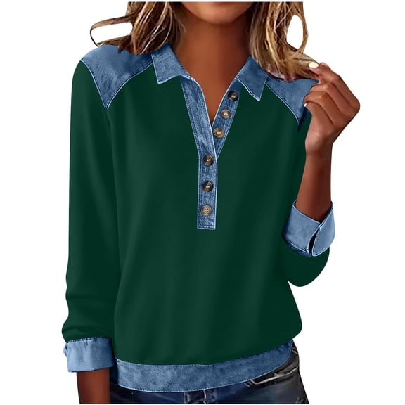 QSAWXQZ Denim Patchwork Sweatshirt for Women Quarter Button Lapel Collar Pullover Top Green M