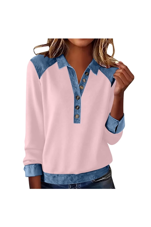 Denim Patchwork Sweatshirt for Women Quarter Button Lapel Collar Pullover Top Pink M