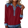 thumbnail image 1 of QSAWXQZ Denim Patchwork Sweatshirt for Women Quarter Button Lapel Collar Pullover Top Red L, 1 of 8