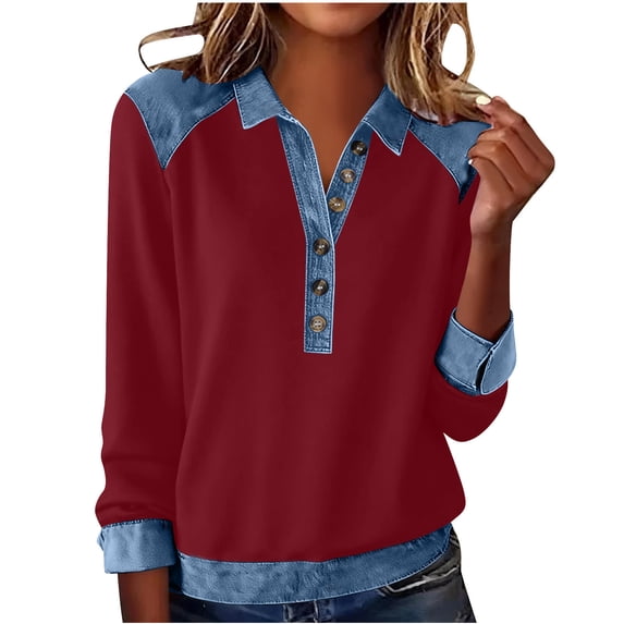 QSAWXQZ Denim Patchwork Sweatshirt for Women Quarter Button Lapel Collar Pullover Top Red L