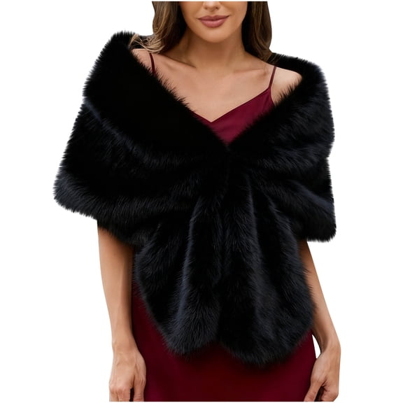 QSAWXQZ Faux Fur Shrug for Women Soft Fluffy Open Front Shawl Wrap for Evening Dresses and Weddings Black Free Size
