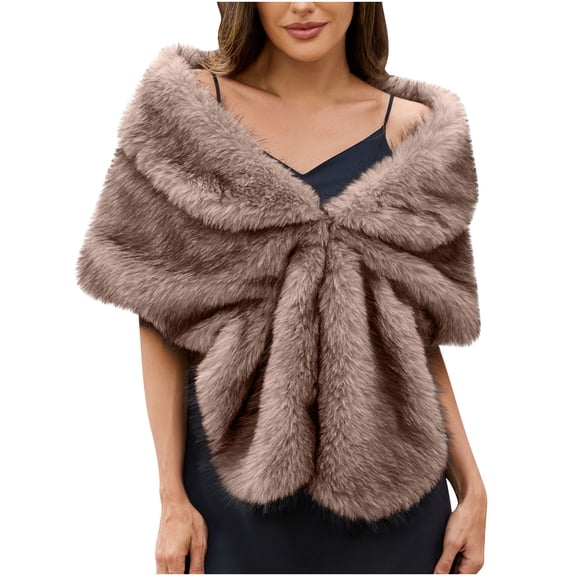 QSAWXQZ Faux Fur Shrug for Women Soft Fluffy Open Front Shawl Wrap for Evening Dresses and Weddings Coffee Free Size